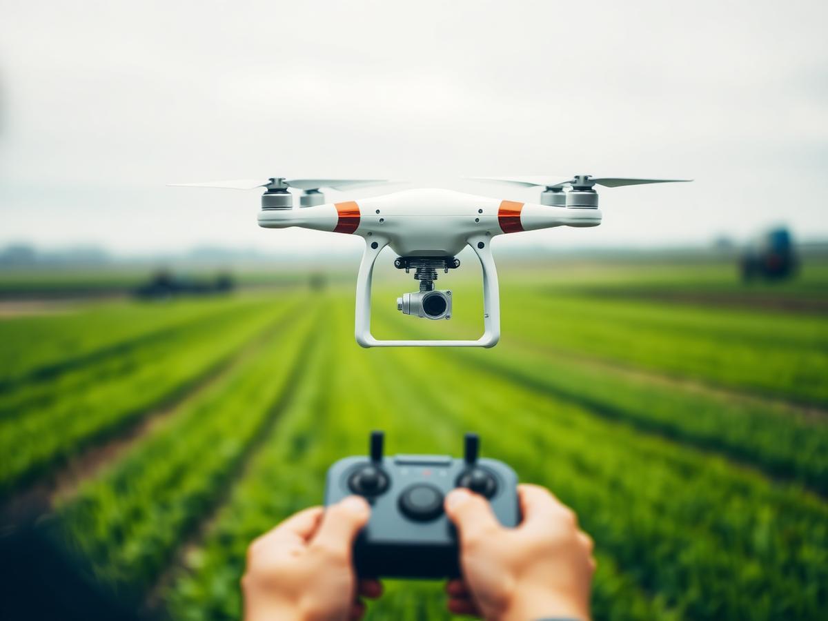 Drone realizando aerolevantamento sobre área agrícola